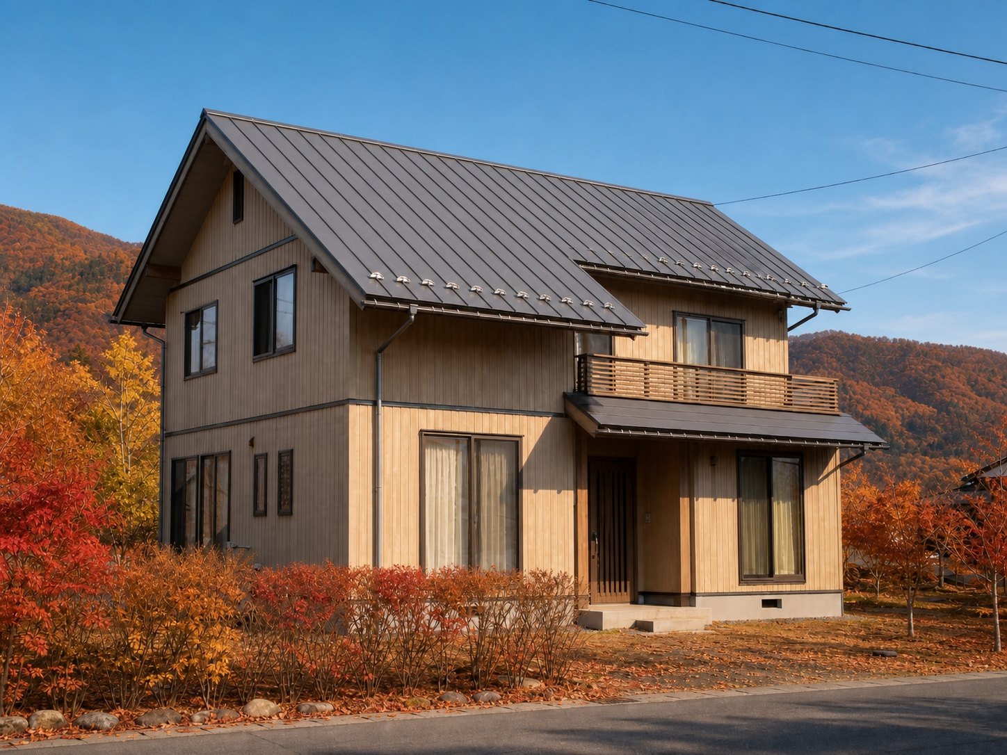 紅葉の季節の同じ金属屋根の住宅