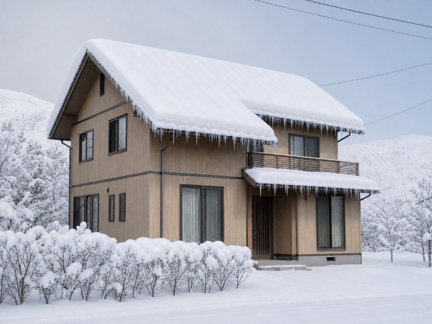 雪が厚く積もった同じ金属屋根の住宅